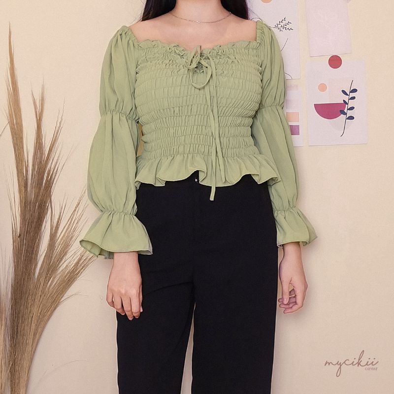 MyCikii Jasmine Crop Top / atasan kerut import polos / atasan sabrina lengan terompet / atasan rempe