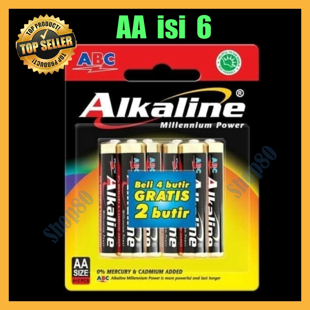 ABC Alkaline AA 4+2 = 6pcs Baterai Battery Batre Batere A2 LR6 isi 6 pcs