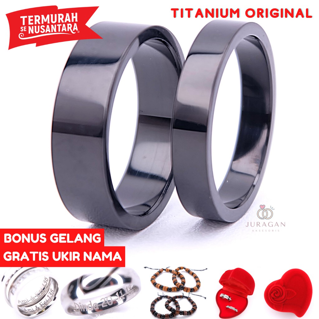 [UKIR NAMA + BOX HATI] Cincin Couple Titanium Flat Hitam BONUS Gelang Couple