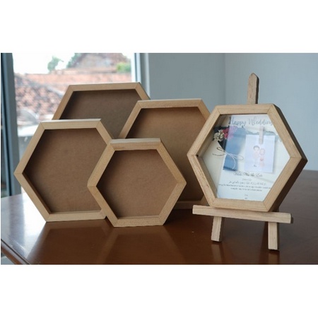Pigura Kayu 3D / Hexagonal /Bingkai kayu Diameter 20cm Kaca Acrylic