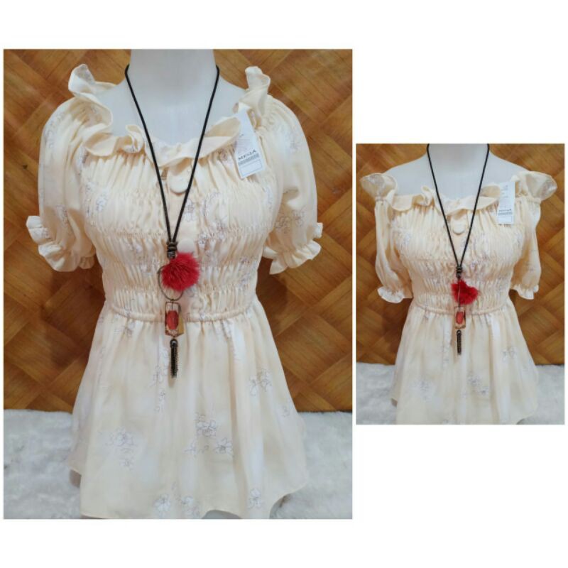 FILLYS Atasan Sabrina Kerut Dada Smoke Import - Baju Korea Wanita