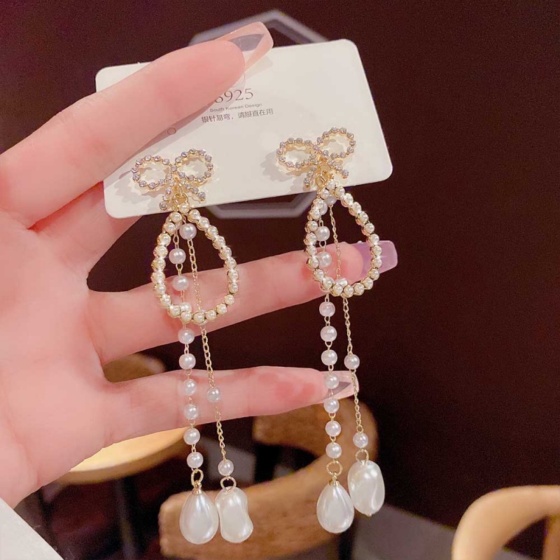 XiaoboACC Anting Tusuk Gantung Bahan Sterling Silver 925 Desain Pita + Mutiara Gaya Korea Untuk Wanita