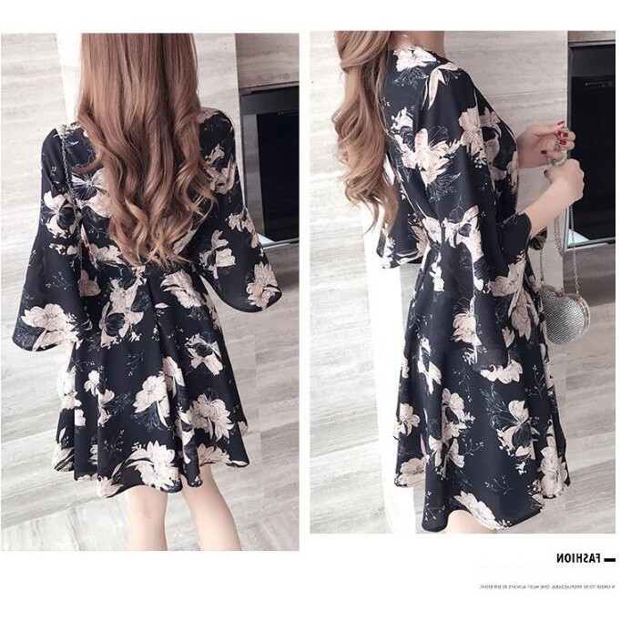 Dress Lengan Setengah Model Longgar, Bahan Sifon, Motif Floral, Gaya Korea