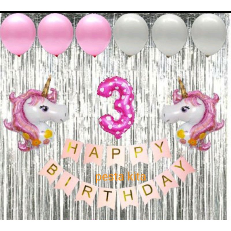 Paket Dekorasi Happy Birthday Unicorn Banner,angka, 2unicorn mini pink,1tirai silver, 6 balon doff