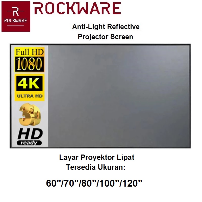 ROCKWARE 60/70/80/100/120-inch Anti-Light Reflective Projector Screen - Layar Proyektor Terbaik dengan Anti-Light Reflective