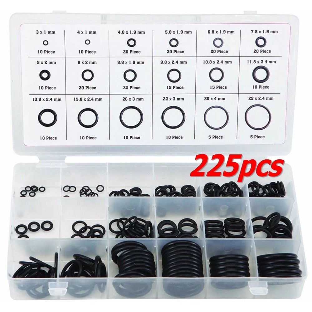 225pcs / Set Karet O-Ring 18 Ukuran Warna Hitam Tahan Lama Dengan Kotak Plastik