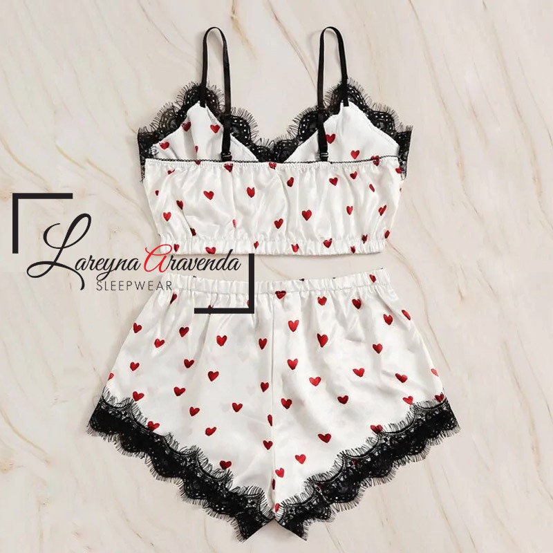 Setelan Baju Tidur Simple Celana Pendek Sexy Motif Love List Renda DS014