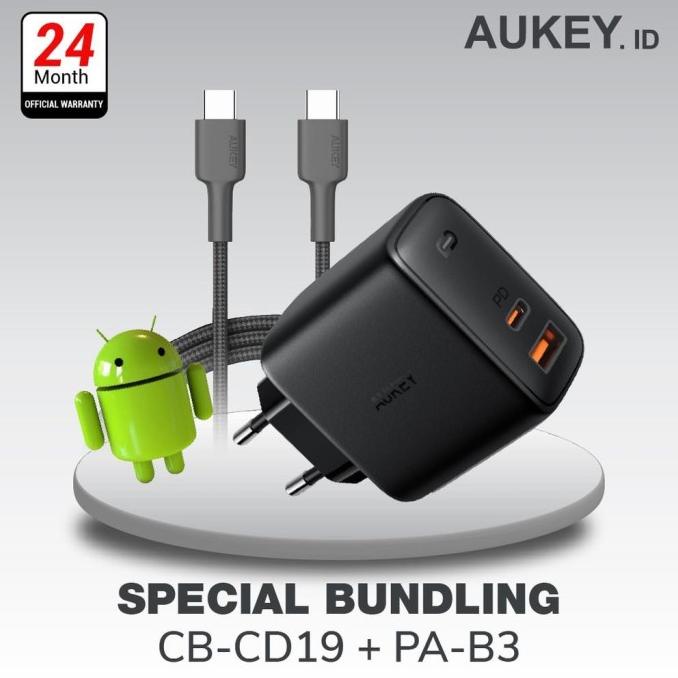 Aukey Charger PA-B3 + Aukey Cable CB-CD19 Black/Red | CHARGER HANDPHONE