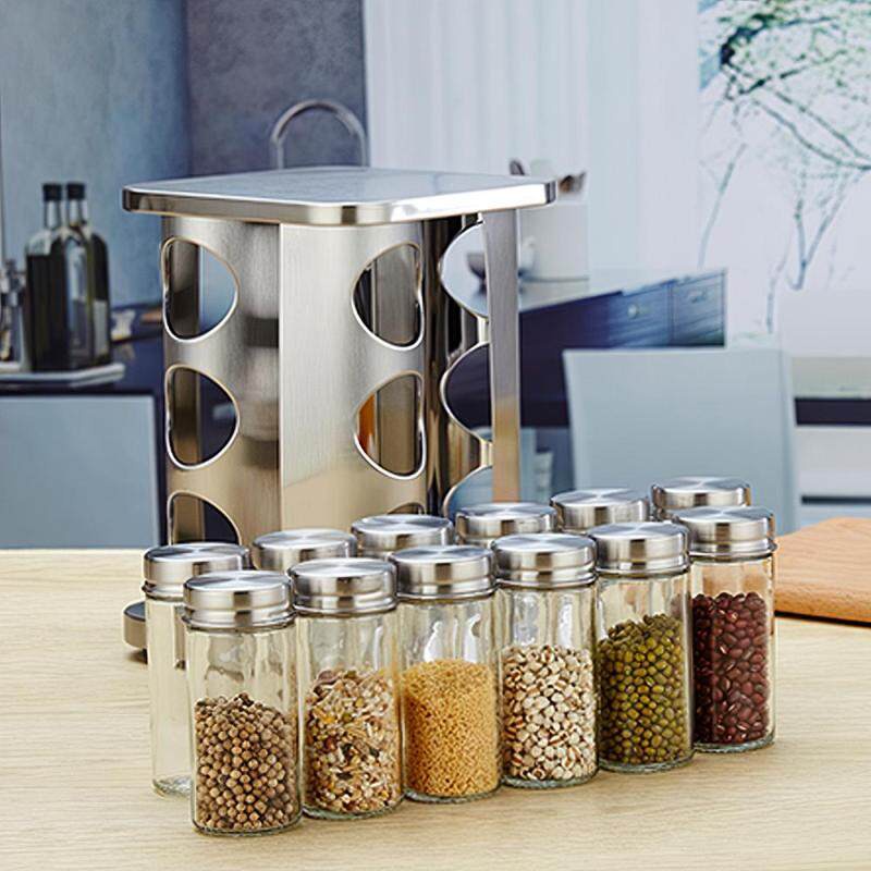 Rak Bumbu Meja 12-Jar Rolling Seasoning Organizer Rolling Rolling Table Spice Rack Stainless Steel Rotating Seasoning Tower with Refillable Seasoning