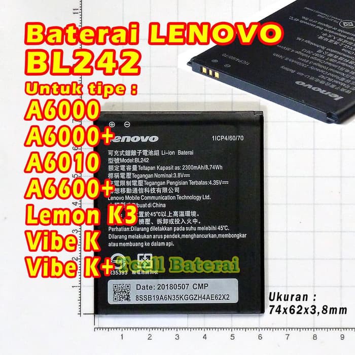 Baterai LENOVO A6010 A6000+ A6600+ plus Lemon K3 Vibe K+ BL242 BL-242 batre batere Lenofo original