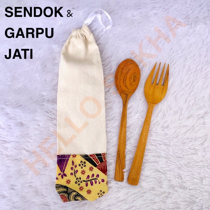 SENDOK GARPU SUMPIT KAYU JATI &amp; SONOKELING + POUCH BELACU BATIK / JATINYA FINISHING BEESWAX + ZAITUN