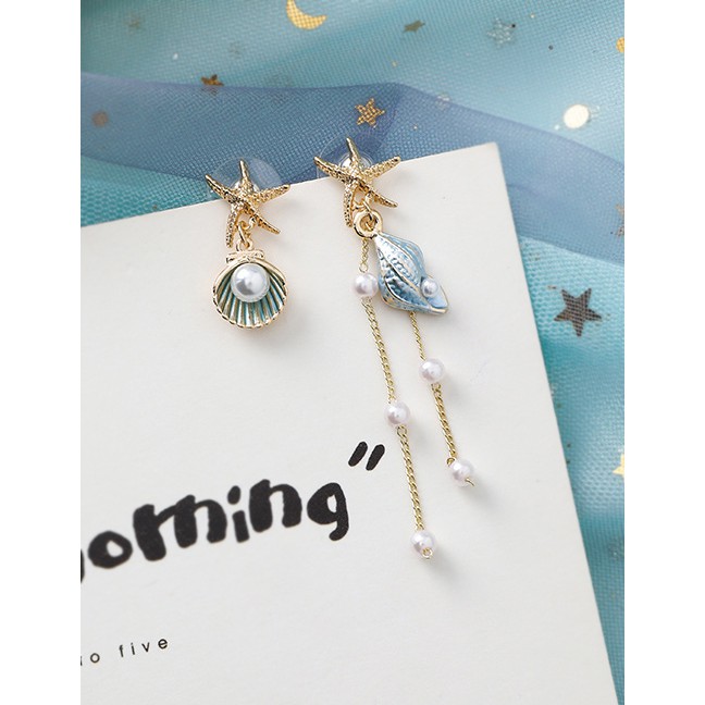 LRC Anting Tusuk Fashion 925 Silver Needle Starfish Shell Conch Fringe Asymmetric Earrings F7677X