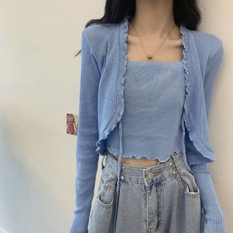 #Sisjuly# Kayu Tipis Telinga Palsu Dua Potong Lengan Panjang Sweater Wanita Musim Semi dan Musim Gugur Gaya Ko