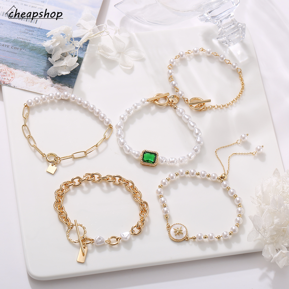 IFYOU Fashion Retro Lock Pendant Pearl Bracelet Korean Round Bead Chain Gold Bracelets Jewelry Accessories