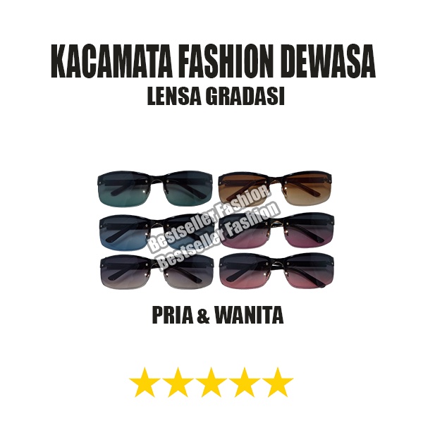 Kacamata Fashion Stylish Unisex Pria Wanita anti UV Lensa warna Gradasi Anti Silau Kaca mata Hitam Model Sporty Semi Rimless