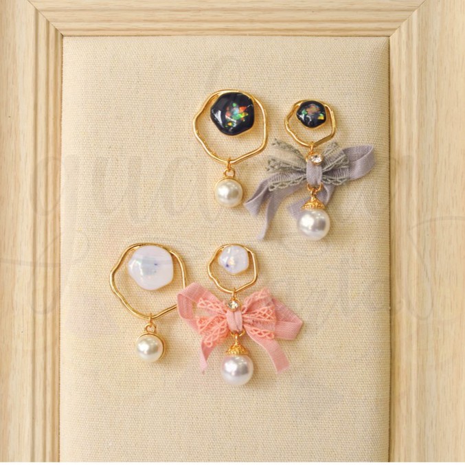 Anting Stud Panjang Ribbon With Pearl and Marble Cantik Simple Asimetris GH 203564