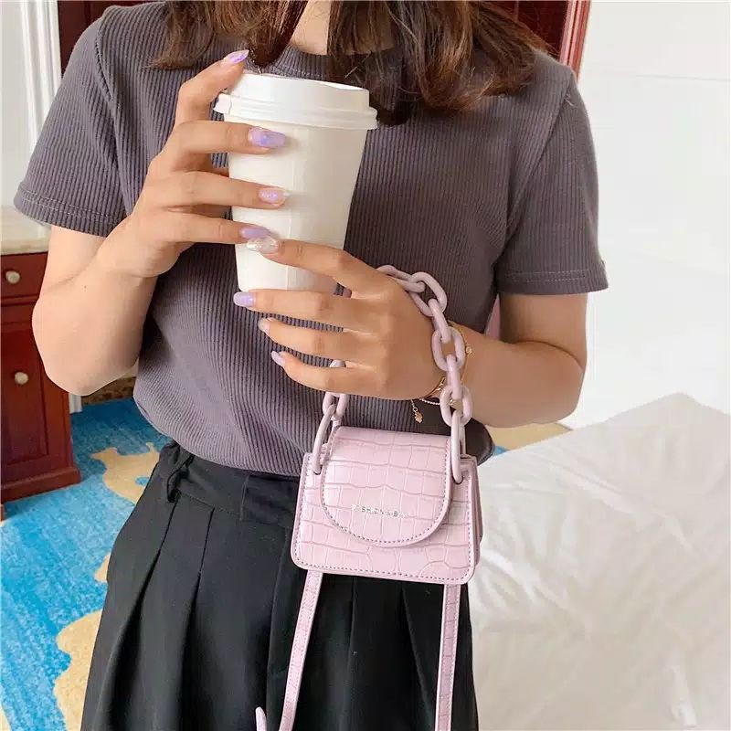 HF LILAC - Tas Selempang Wanita Croco Mini Lilac Rantai