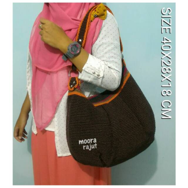 Tas rajut nilon HOBO FULL RAJUT PELANGI COKLAT