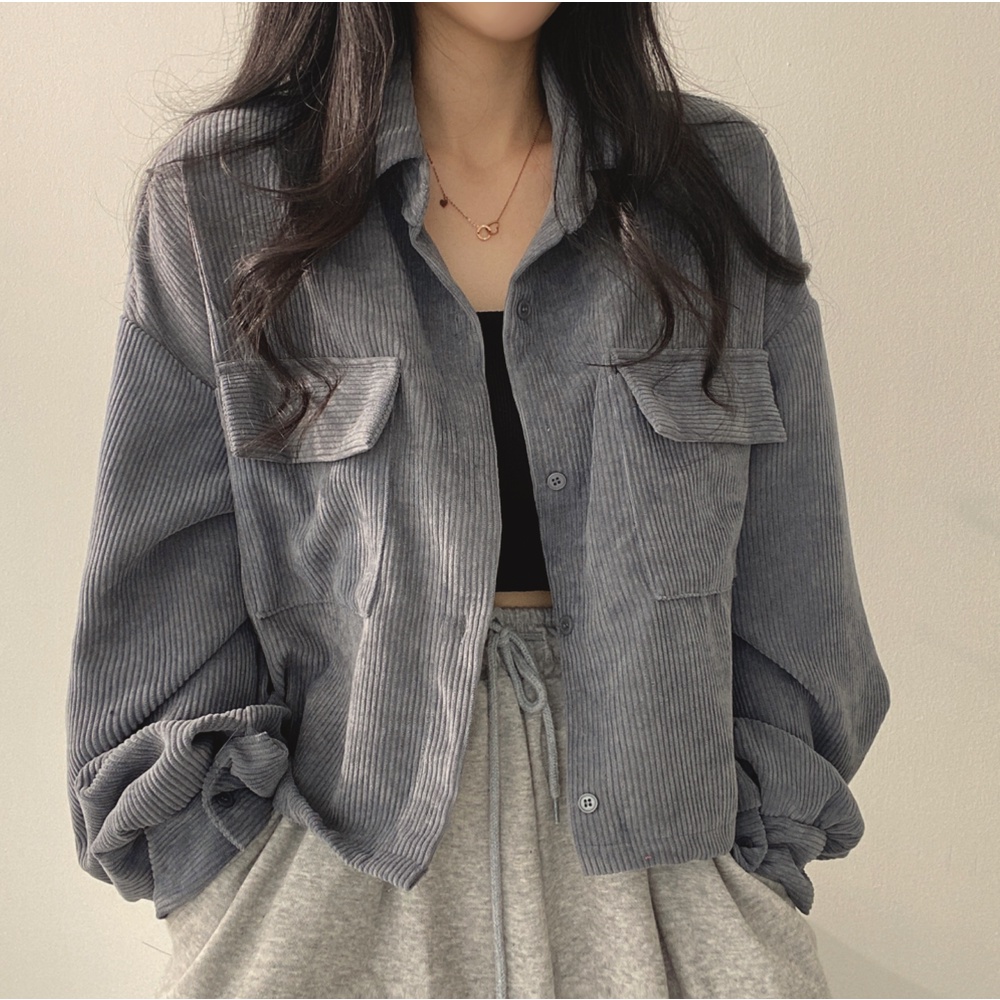 jaket korduroi pendek retro wanita warna solid atasan korea style