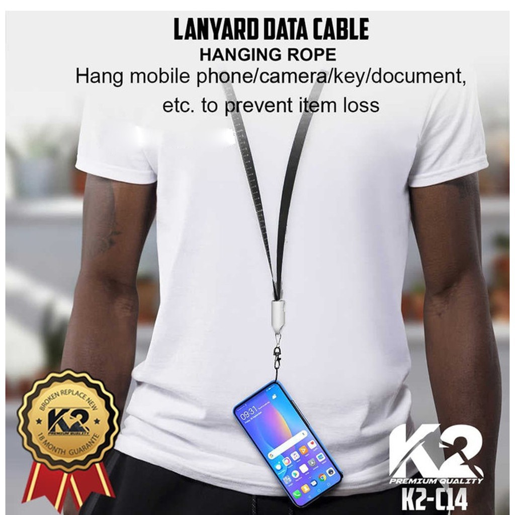 Kabel Data K2-C14 LANYARD PREMIUM QUALITY MICRO USB / IPHONE / TYPE C Fast charging 2.4A KALUNG TALI HP / NAMETAG