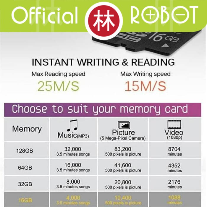 Robot RT16G Kartu Memory Card Stroge 16GB 16 GB Class 10 Micro SD TF High speed transfer