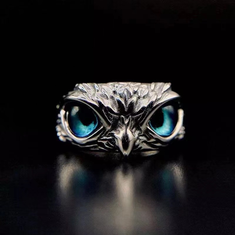 AY(CN) Cincin Desain Mata Burung Hantu Iblis Warna Biru Gaya Retro Untuk Pria Dan Wanita