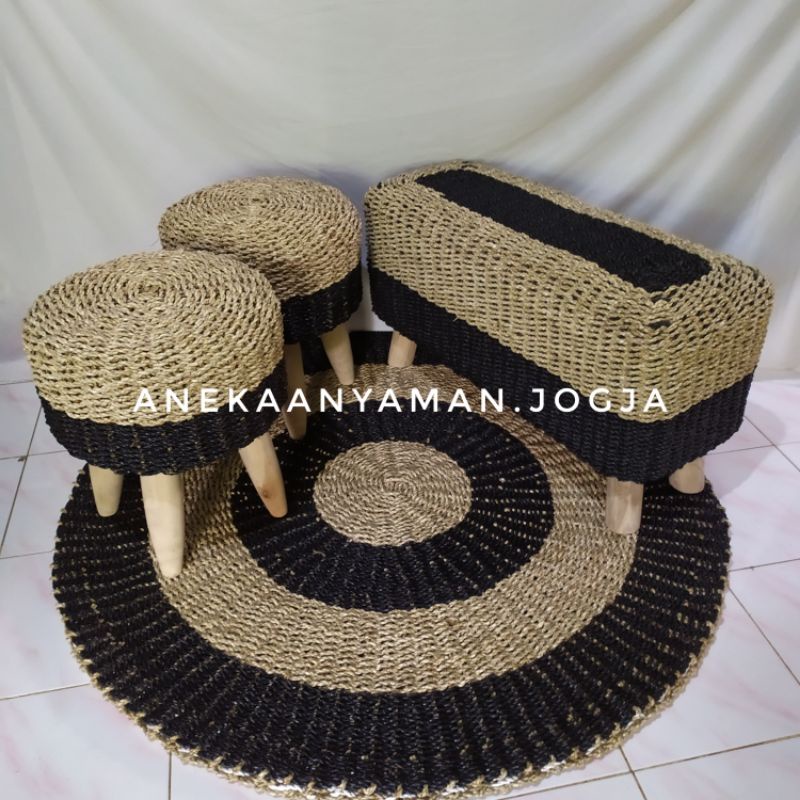 [REQUEST BENCH + 2 STOOL+KARPET] Stool Naturalan Anyaman Seagrass / Kursi Natural / Stool Seagrass