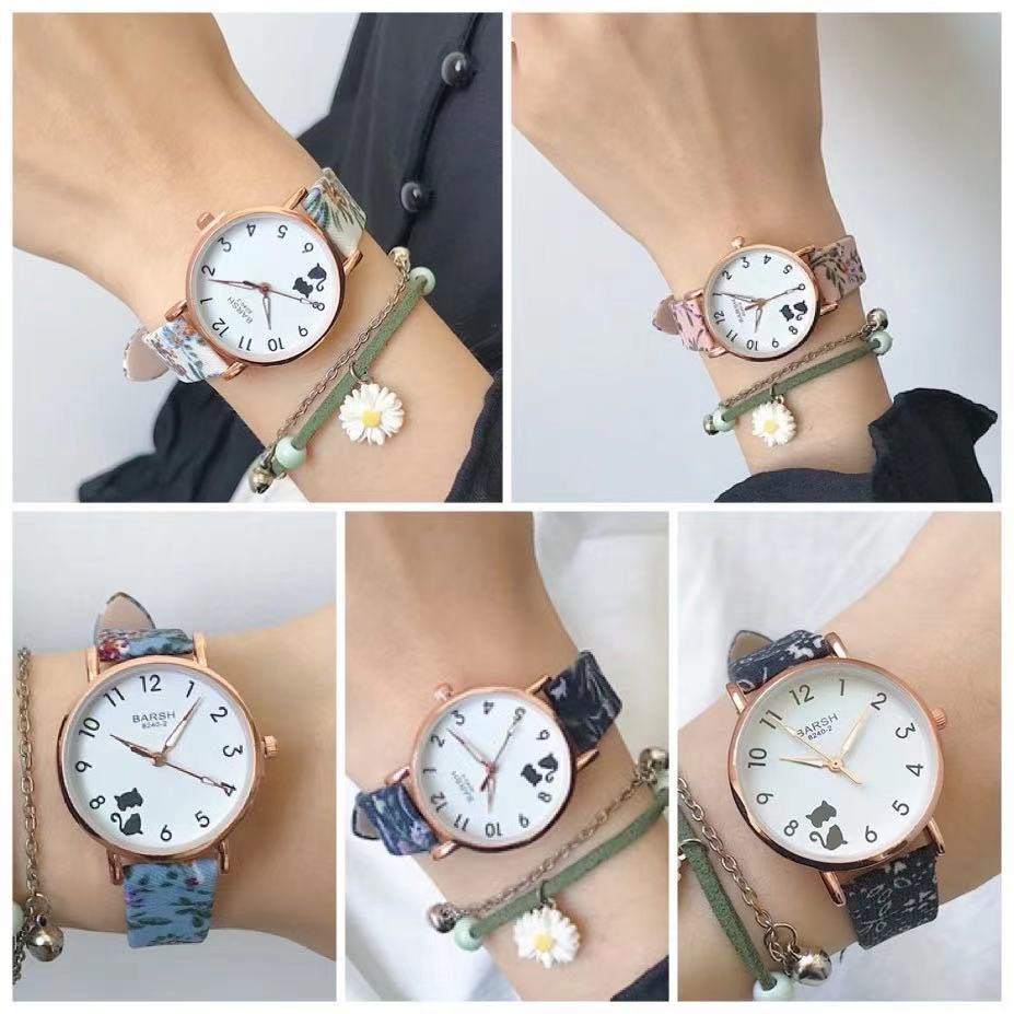 Jam Tangan Wanita Quartz Strap Pu Bunga Analog Motif Ikan Fashion Wanita Korean Import