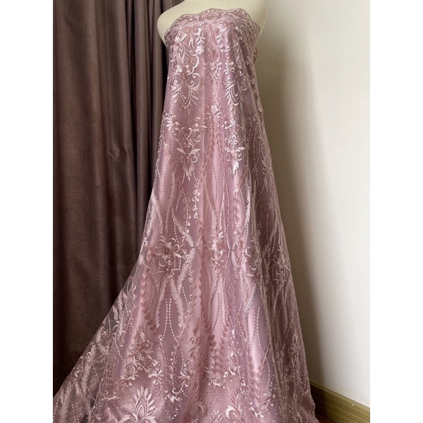 Bahan Kebaya Kain Brukat Tile Bordir Premium Mewah Gloria Full Payet Warna Pink Rosegold