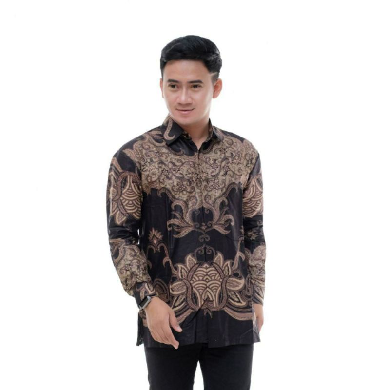 Batik Pria Lengan Panjang BATIK AZMIL HRB026 motif KERATONAN Kode 002 size M L XL XXL Reguler-KMJ Walik Hitam