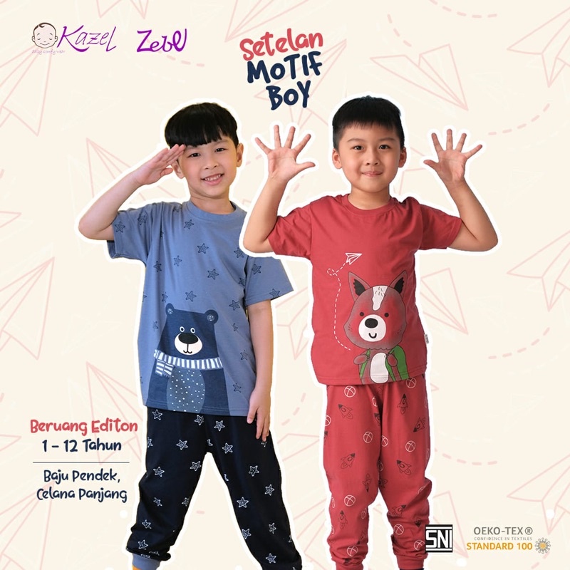 Kazel X Zebe Setelan Motif Piyama Boy Setelan Bayi Laki-Laki (2 stel/pack)