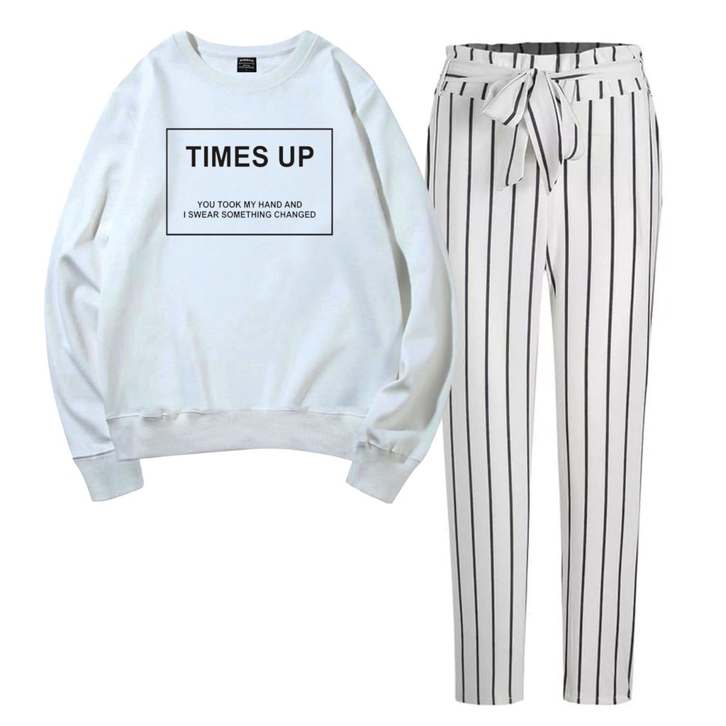 BESS - Baju Setelan Wanita Murah / Setelan Sweater + Celana Salur Putih - TIMES UP