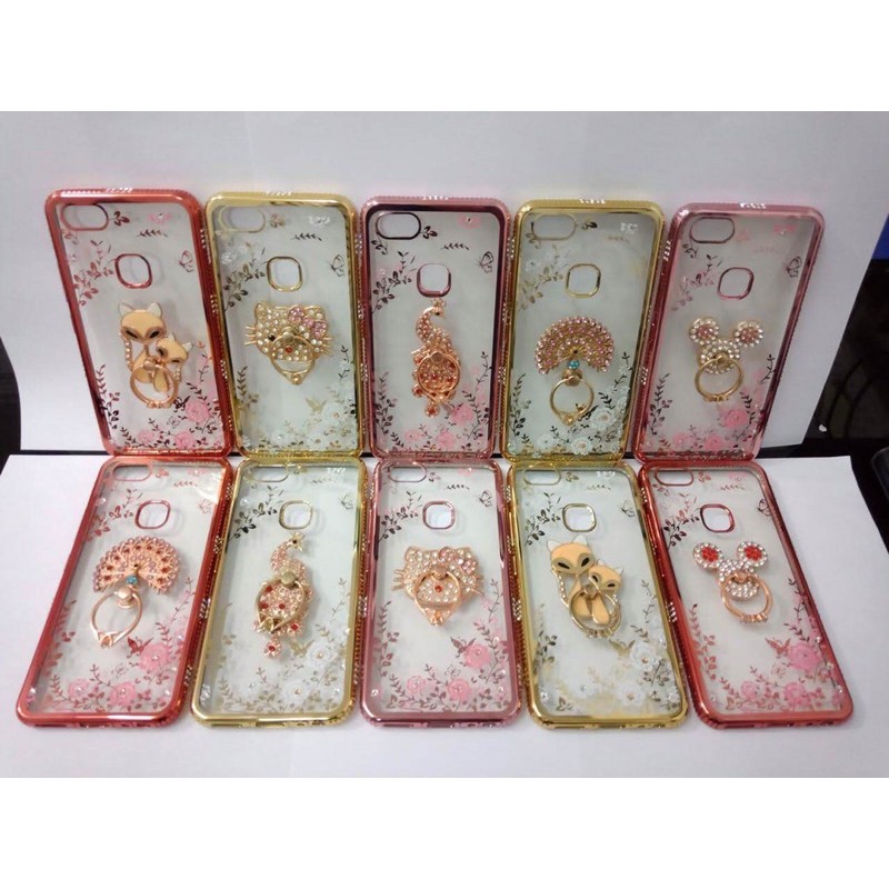 CASE FLOWER DIAMOND + RING HOLDER CASE HP Samsung,Oppo,Vivo,Xiaomi,Iphone Case Termurah