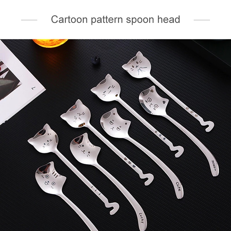 Kreatif Lucu Kucing304Sendok Makan Stainless Steel Dengan Gagang Panjang/High Quality Dessert Soup Spoon/Peralatan Makan Berguna Dapur/Sendok Pengaduk Kopi Alat Makan Makan Makan Makan Dinner