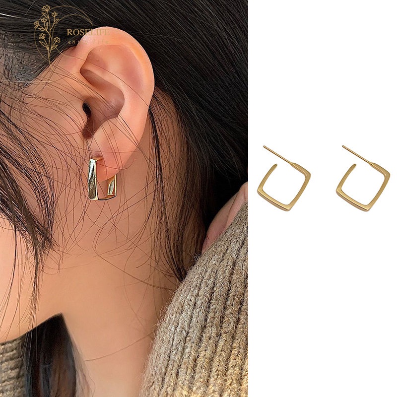 1 Pasang Anting Hoop Bentuk Persegi Geometris Warna Emas Gaya Korea Untuk Wanita