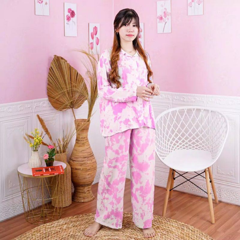 PIYAMA PAJAMAS SET SETELAN TIE DYE PINK BAJU TIDUR WANITA DEWASA REMAJA GALAXY LONGSLEVE DAILY SET