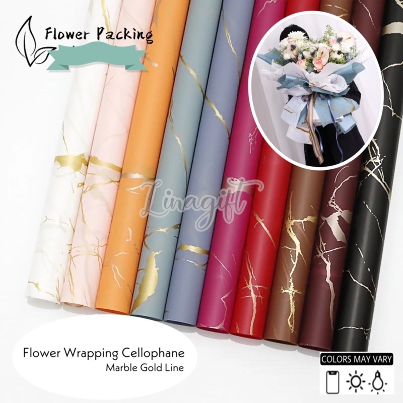 ( 5 Lembar ) MARBLE GOLD LINE - FLOWER WRAPPING PAPER KOREAN PLASTIC CELLOPHANE WATERPROOF -  KERTAS BUNGA BUKET FLORIST LIS EMAS ABSTRACT