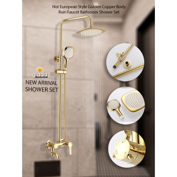 Shower set kamar mandi warna emas kuningan keran shower gold air panas dingin dengan kepala pancuran curah hujan 8 inci dan hand shower gold / Hot European Style Golden Copper Body Rain Faucet Kamar Mandi Shower Set