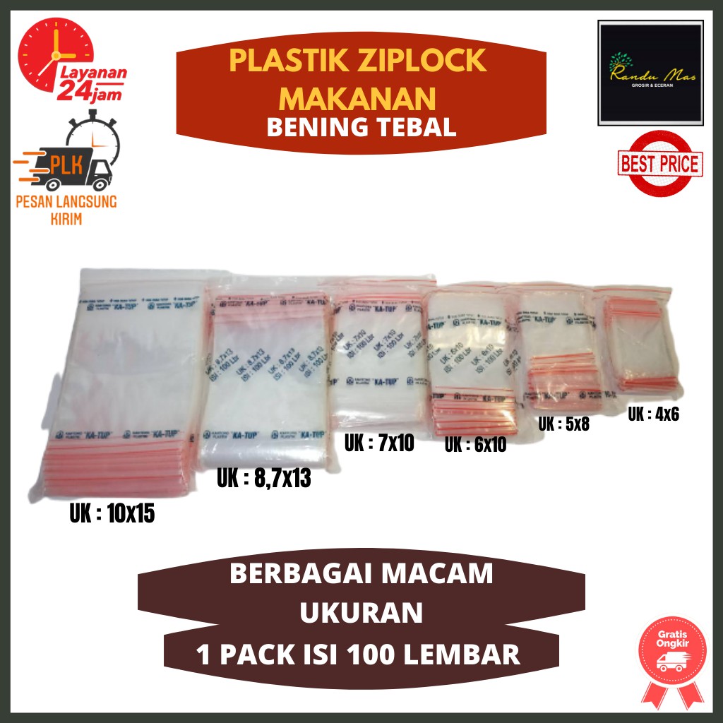 Plastik Zip Klip Makanan Ziplock Kecil Bening Isi 100 Ukuran 3x5 4x6 5x8 6x10 7x10 8x12 8,7x13 10x15