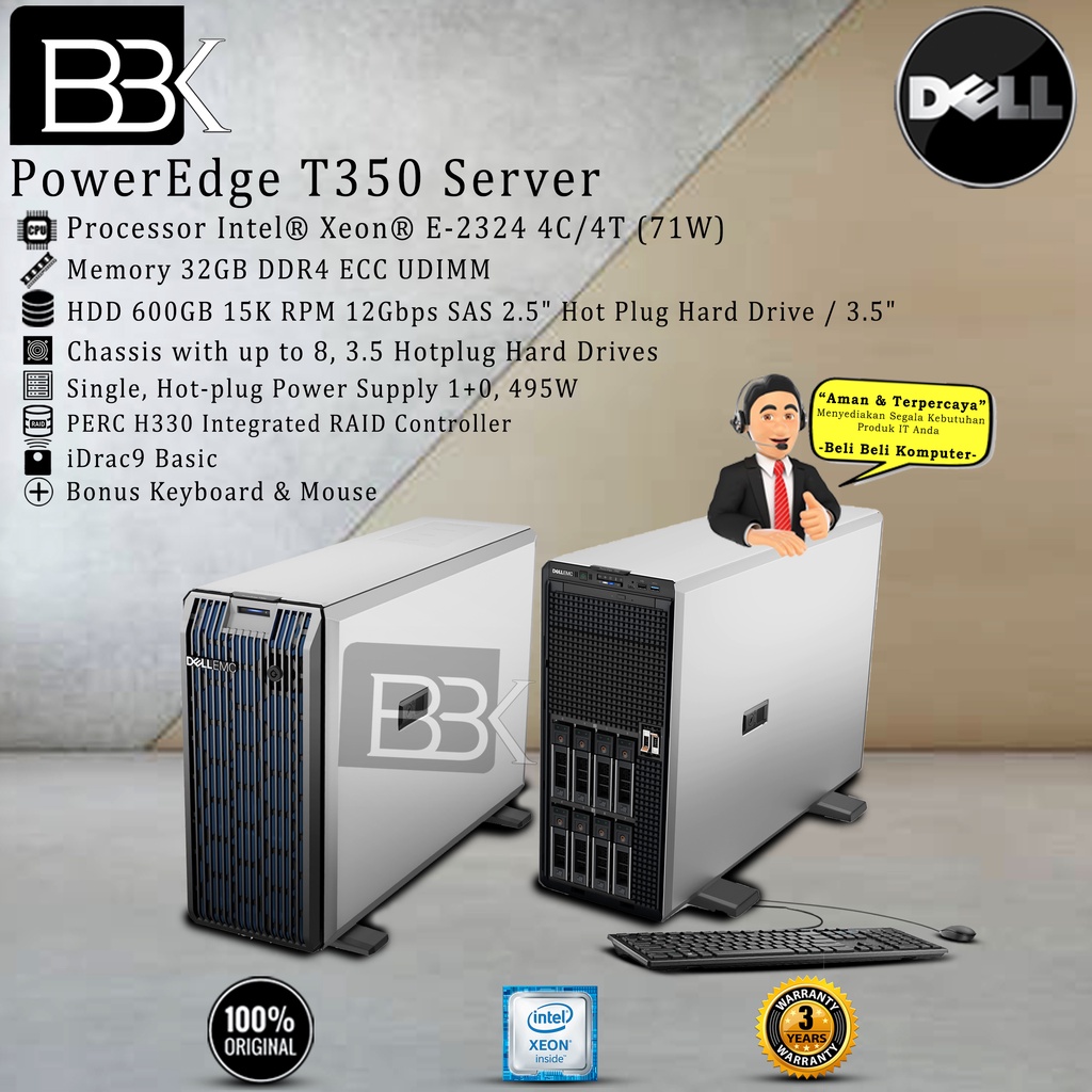 Server Dell PowerEdge T350 Intel Xeon E-2324G 32GB 600GB SAS DVDRW 3Yr
