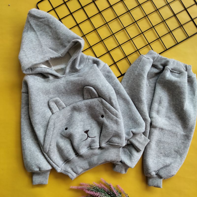 setelan sweater hoodie saku tebal lucu 6-18 bulan