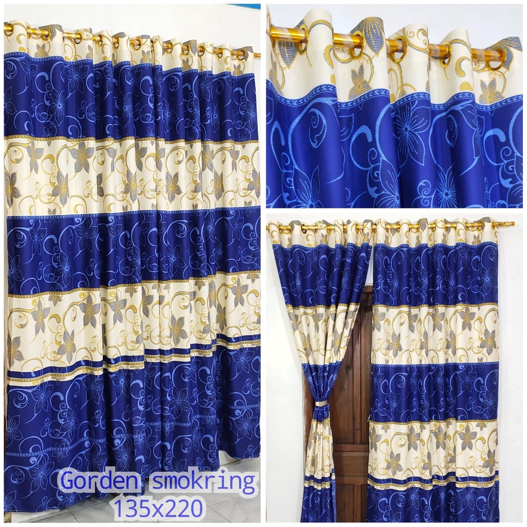 Gorden Polos Embos murah smokring 12 lubang Pintu Jendela Gorden Coklat polos Gordyn Hordeng Tirai-FLORAL BIRU T220X135