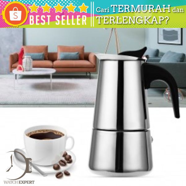 OneTwoCups Espresso Coffee Maker Moka Pot Teko Stovetop Filter 100ml 2 Cup - Z20 - Silver