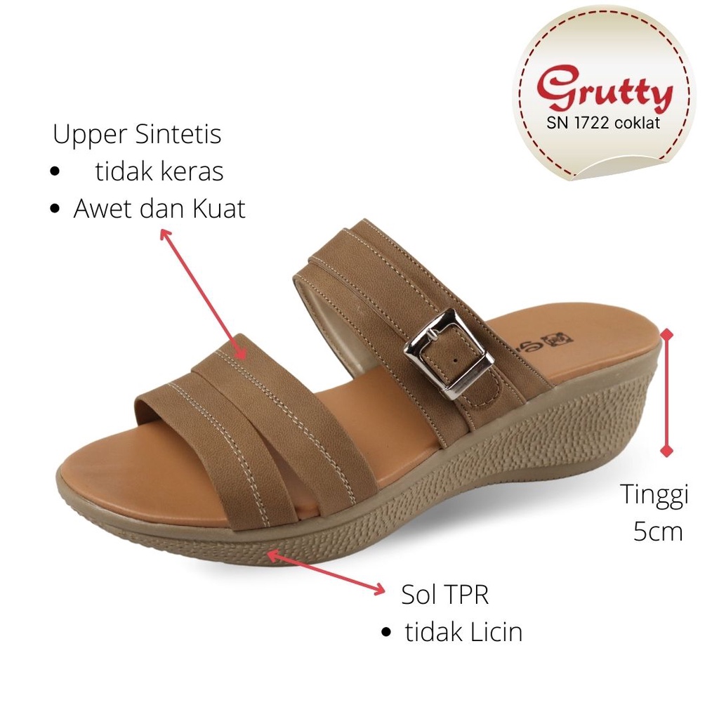 Sendal Wedges Wanita Sandal Slop Wedges Terbaru Grutty SN1722 Coklat