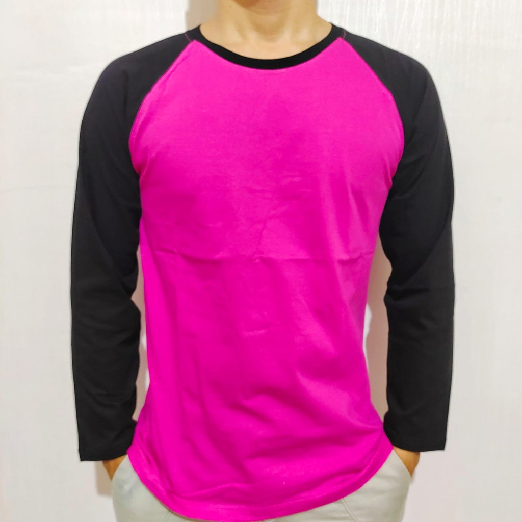 Kaos polos raglan pink lengan hitam panjang M L XL XXL