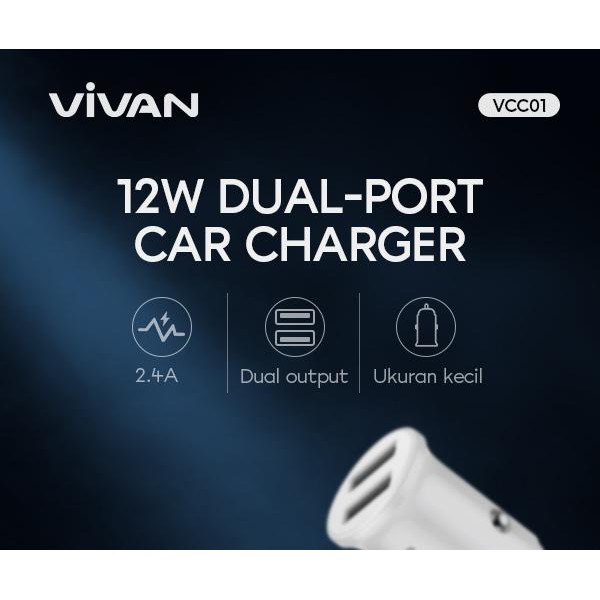 VIVAN VCC01 2.4A Dual Port Small &amp; Portable Car Charger with 1m Data Cable Super Durability