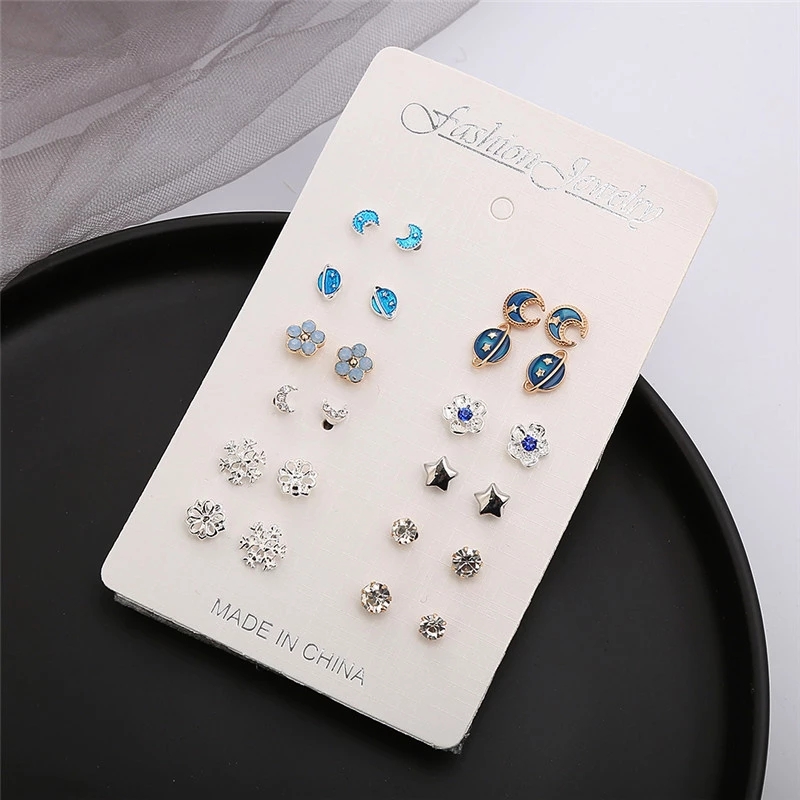 [12 Pairs Mixed Styles Moon Earth Stars Ear Cuff Stud Earrings ] [Ladies Elegant Rhinestone Studs Earrings] [Korean INS Simple Style Bridal Wedding Party Ear Jewelry]