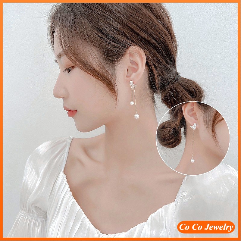 Anting Tusuk Gantung Bahan Sterling Silver 925 Desain Hati + Mutiara + Berlian Gaya Simple / Mewah Untuk Wanita