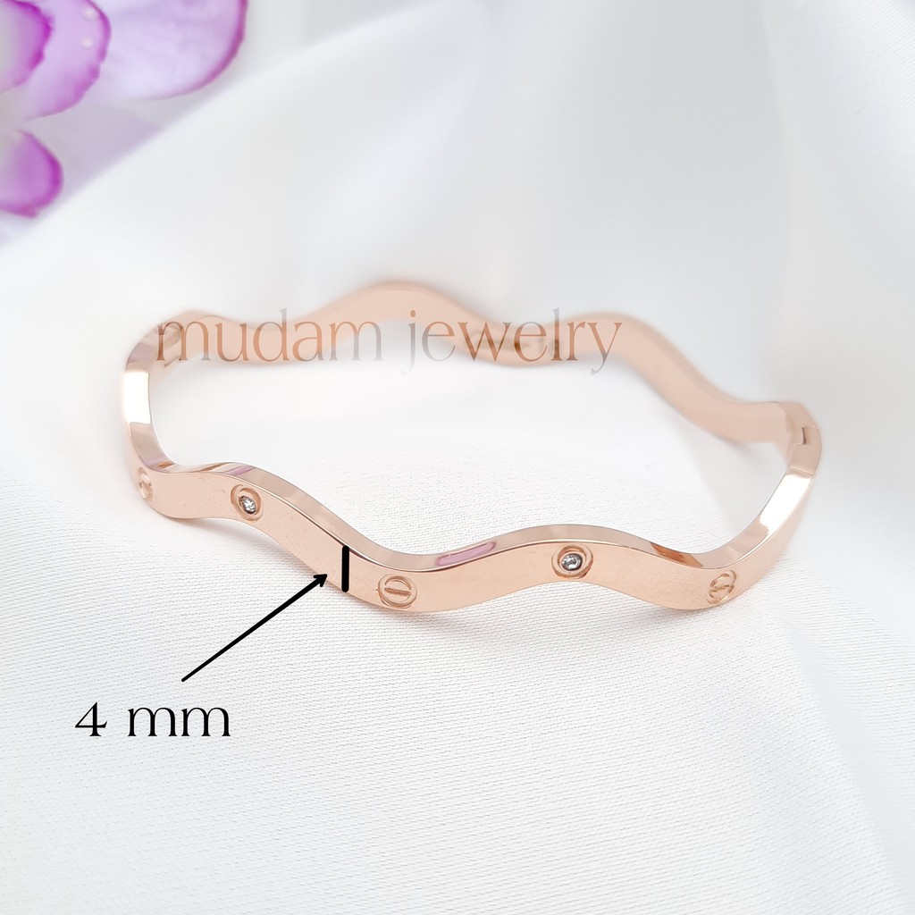 Gelang Bangle Titanium Polos dan Diamonds Model Mines Untuk Wanita dan Pria Bentuk Gelombang