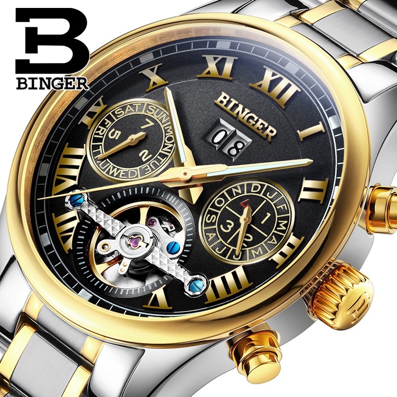 Jam tangan mekanik pria keren Switzerland BINGER Men's watch luxury brand Tourbillon sapphire